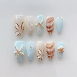 Alternative view of 3D Starfish Press on nails short almond nails/Summer nails/Holiday nails/Shell nails/Starfish nails/baby blue nails/Gitf for her nails