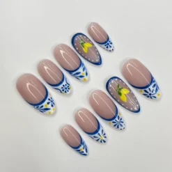 Alternative view of Grecee Summer French Tip Medium Almond Press On Nail, Custom Design Nail Art, Fake Nail for Birthday, Holiday Nail, Gift For Her