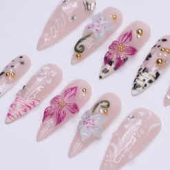 Alternative view of Summer Press on Nails with Orchid & Leopard | 3D Floral Fake Nail Arts in Long Almond | Handmade Nail Art for Holiday, Vacation, Birthday