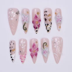 Summer Press on Nails with Orchid & Leopard | 3D Floral Fake Nail Arts in Long Almond | Handmade Nail Art for Holiday, Vacation, Birthday