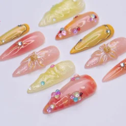 Alternative view of Summer Press On Nails with 3D Floral and Jelly Accents, Long Almond Tropical Nails in Yellow, Coral & Orange Tones for Vacation Vibes