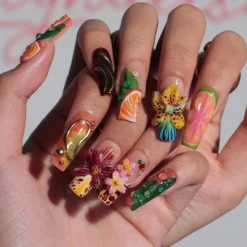 Alternative view of Summer Press on Nail with Citrus & Leopard Print | 3D Orchid Flower Fake Nail in Long Square | Handmade Nail for Holiday, Vacation, Birthday