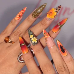 Alternative view of Summer Press on Nail with Papaya & Leopard Animal Print | Long Almond 3D Hibiscus Fake Nail | Handmade Summer Nail for Holiday, Vacation