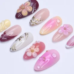Alternative view of Summer Press On Nails with 3D Flowers and Gold Details, Medium Almond Ombre Pink Fake Nails for Beach Holiday or Vacation Look, Gift for Her