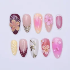 Summer Press On Nails with 3D Flowers and Gold Details, Medium Almond Ombre Pink Fake Nails for Beach Holiday or Vacation Look, Gift for Her
