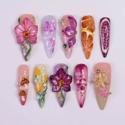 Summer Press on Nails with Orchid, Fruit & Starfish | 3D Fake Nails in Long Almond | Whimsical Handmade Nail Art for Summer, Vacation, Party