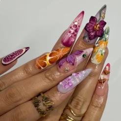 Alternative view of Summer Press on Nails with Orchid, Fruit & Starfish | 3D Fake Nails in Long Almond | Whimsical Handmade Nail Art for Summer, Vacation, Party
