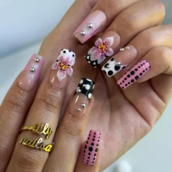 Alternative view of Polka Dot Press On Nail, Pink and Black Retro with 3D Flower & Silver Bead | Fake Nail in Medium Square | Handmade Nail Art for Everyday