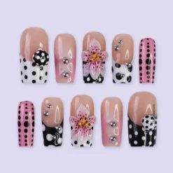 Polka Dot Press On Nail, Pink and Black Retro with 3D Flower & Silver Bead | Fake Nail in Medium Square | Handmade Nail Art for Everyday