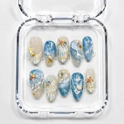 Ocean Pearl & Seashell Glitter Press On Nails, Handmade 3D Starfish and Flower Design, Summer Beach Luxury Style On Holiday