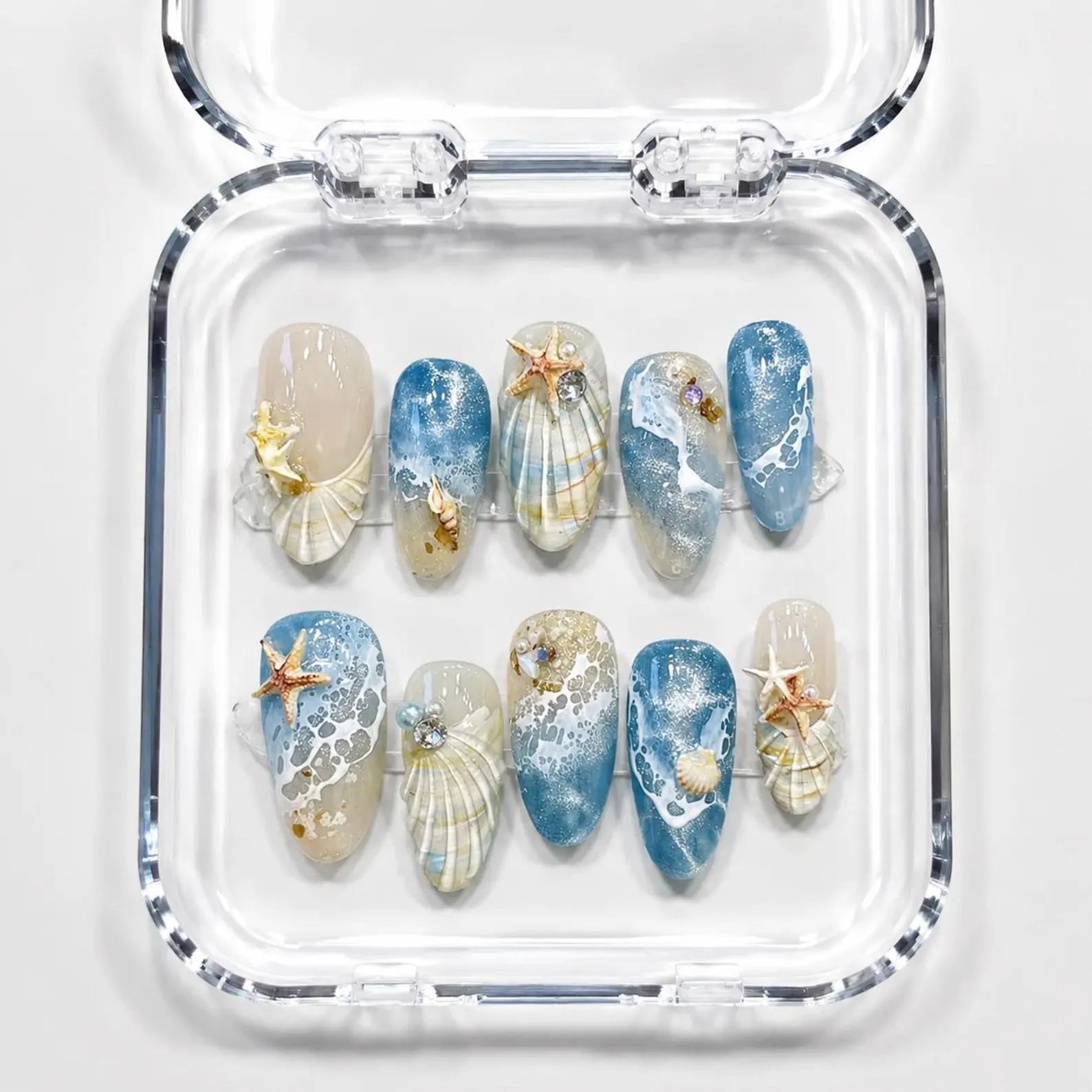 Ocean Pearl & Seashell Glitter Press On Nails, Handmade 3D Starfish and Flower Design, Summer Beach Luxury Style On Holiday