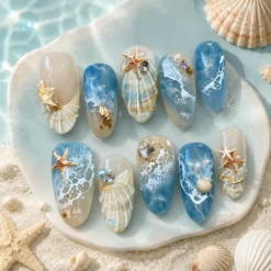 Alternative view of Ocean Pearl & Seashell Glitter Press On Nails, Handmade 3D Starfish and Flower Design, Summer Beach Luxury Style On Holiday