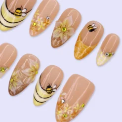Alternative view of Summer Press On Nails with Bee, Honeycomb & 3D Flower | Medium Almond Fake Nails | Handmade Nail Art for Spring, Summer And Cute Looks