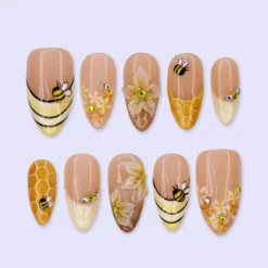 Summer Press On Nails with Bee, Honeycomb & 3D Flower | Medium Almond Fake Nails | Handmade Nail Art for Spring, Summer And Cute Looks