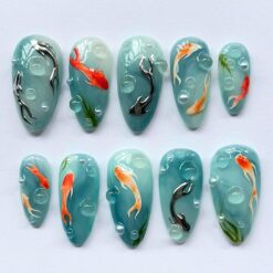 Koi Fish Press On Nails Handmade Gel Medium Almond 3D Artistic Nail Set