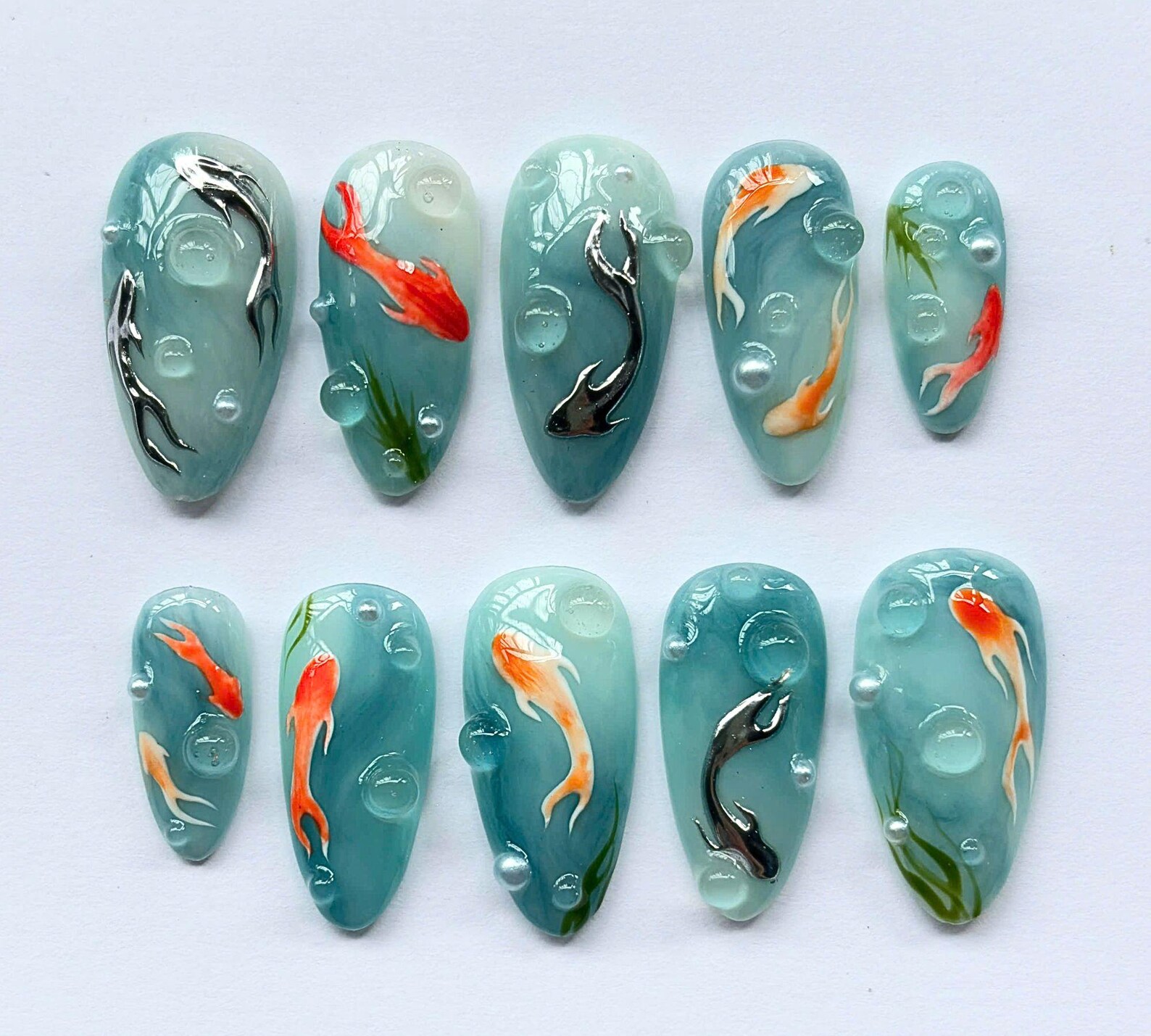 Koi Fish Press On Nails Handmade Gel Medium Almond 3D Artistic Nail Set