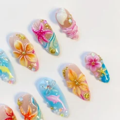 Alternative view of Starfish Bloom Elegance Press On Nails Long Almond Nails/Shark Flower Nails/Yellow Nails/Summer Nails/Shell Nails/Conch Nails/Birthday Nails
