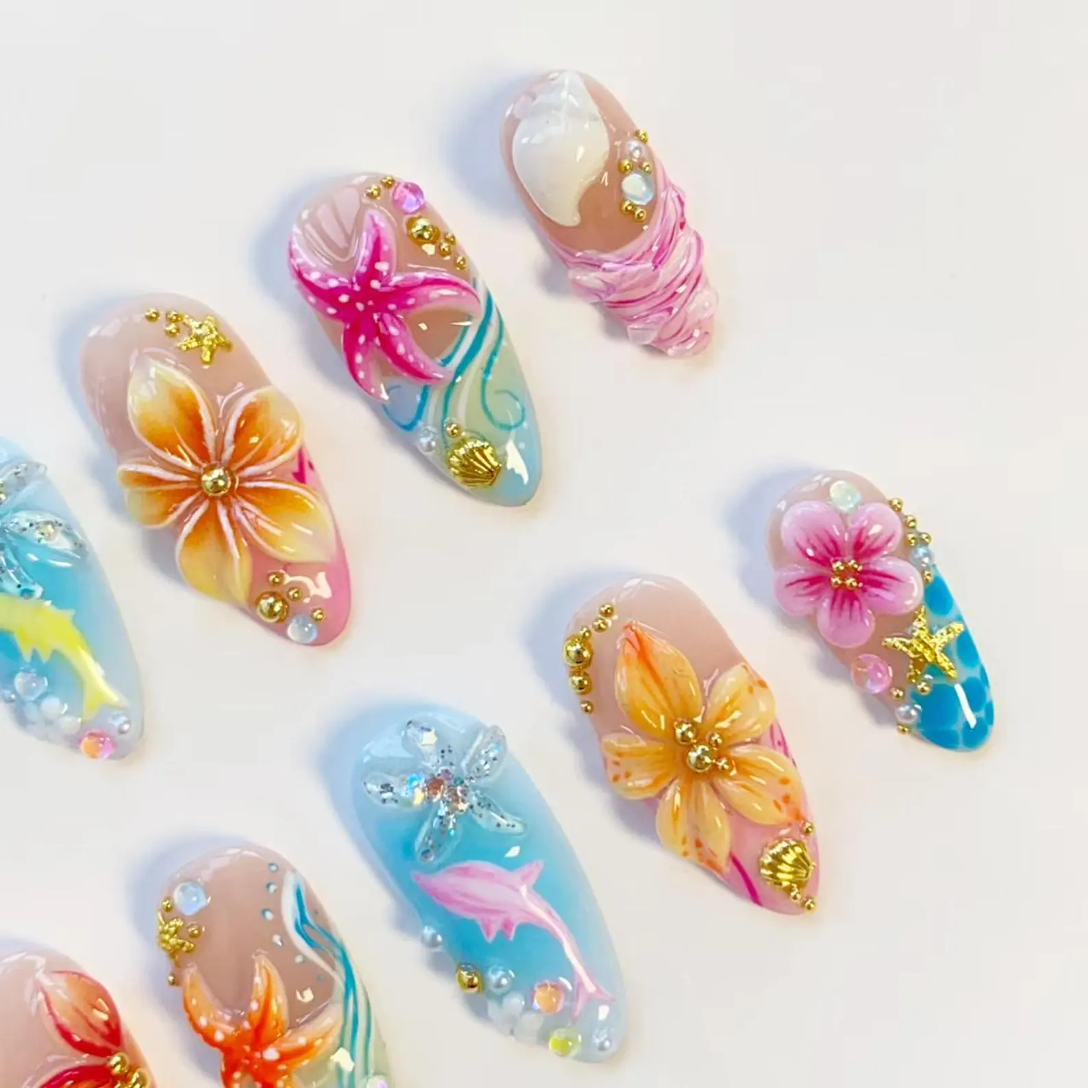 Starfish Bloom Elegance Press On Nails Long Almond Nails/Shark Flower Nails/Yellow Nails/Summer Nails/Shell Nails/Conch Nails/Birthday Nails - Image 2