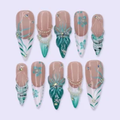 Luxury Summer Press On Nails With 3D Flower And Ocean Details | Long Almond Fake Nails | Handmade Nail Art For Vacation, Holiday Or Gift