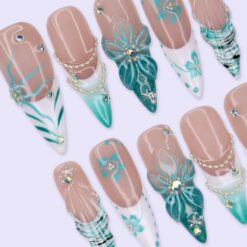 Alternative view of Luxury Summer Press On Nails With 3D Flower And Ocean Details | Long Almond Fake Nails | Handmade Nail Art For Vacation, Holiday Or Gift