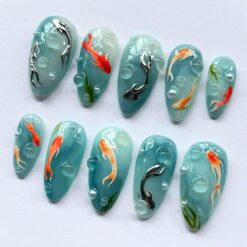 Alternative view of Koi Fish Press On Nails Handmade Gel Medium Almond 3D Artistic Nail Set