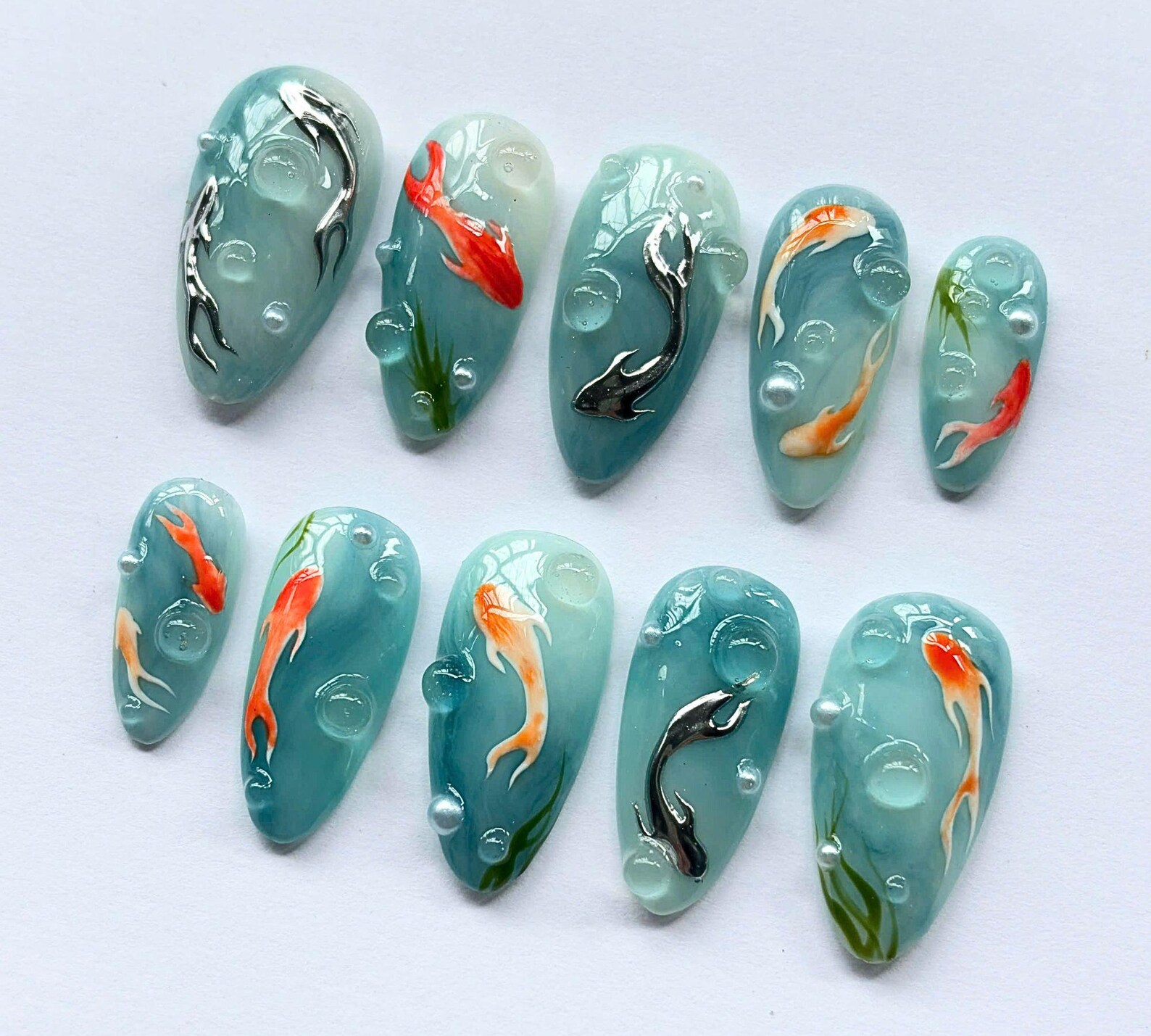 Koi Fish Press On Nails Handmade Gel Medium Almond 3D Artistic Nail Set - Image 2