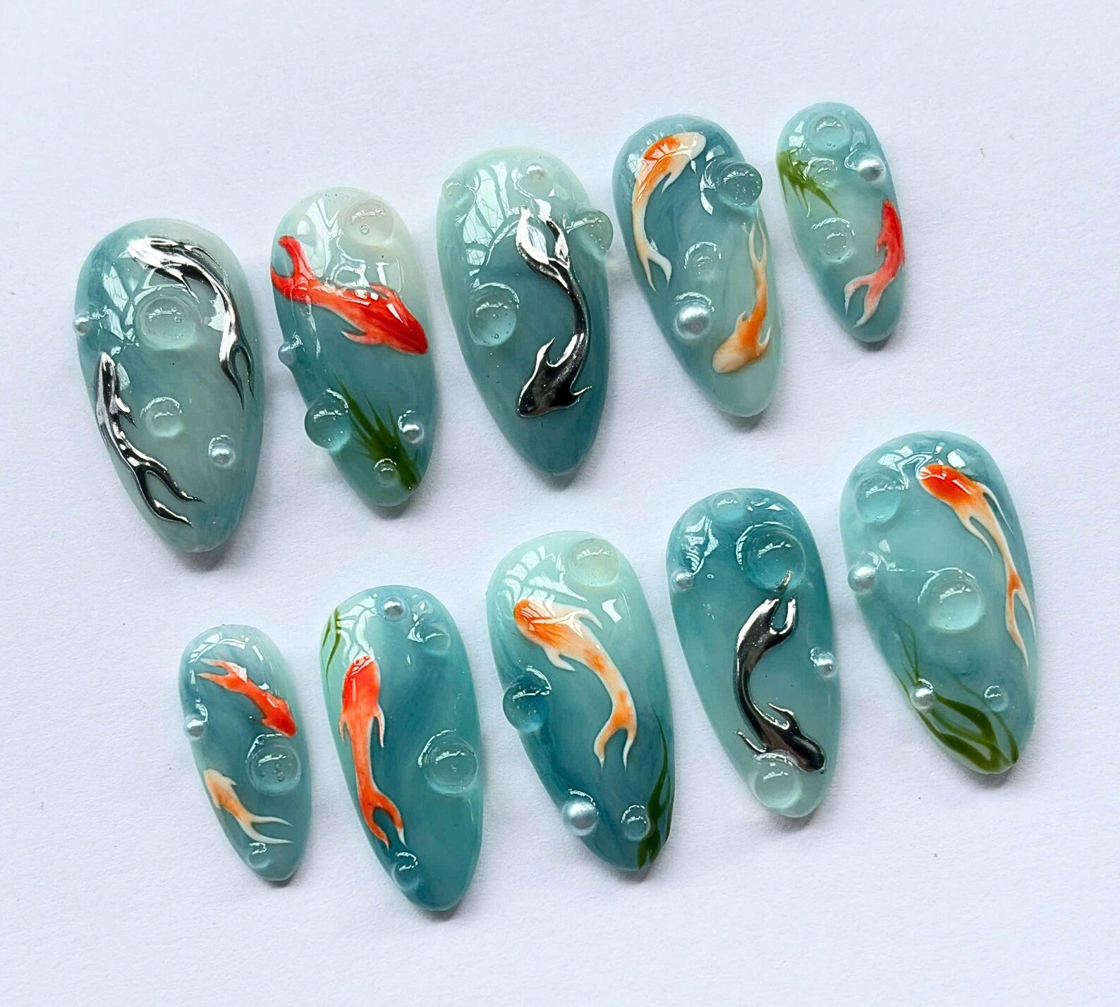 Koi Fish Press On Nails Handmade Gel Medium Almond 3D Artistic Nail Set - Image 3