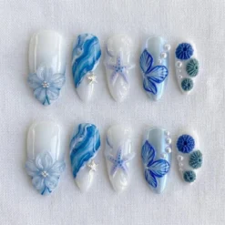 Summer Ocean Press On Nails with 3D Flower, Starfish & Pearl in Medium Almond Fake Nails, Custom Handmade Blue Beach Nail Art for Vacation