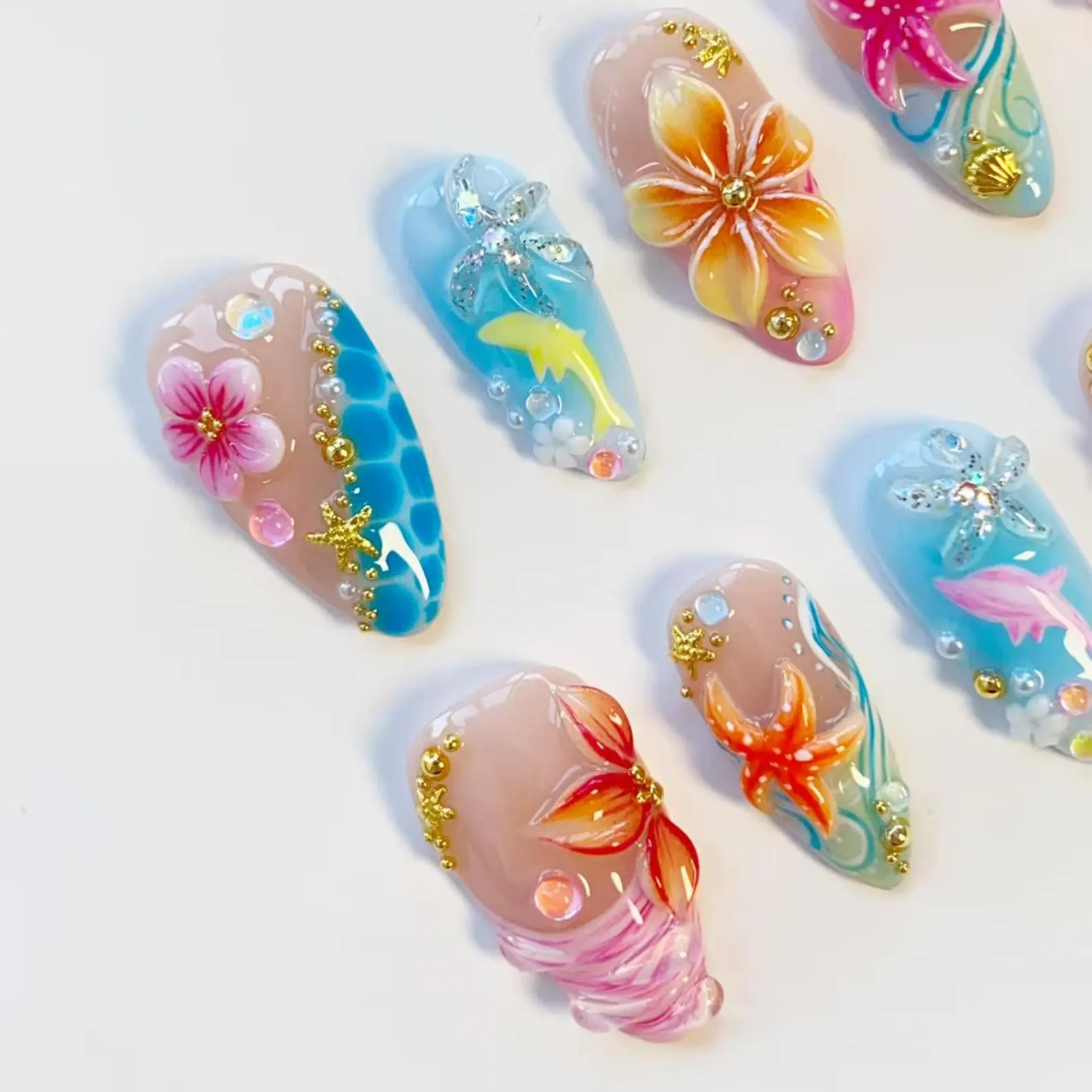 Starfish Bloom Elegance Press On Nails Long Almond Nails/Shark Flower Nails/Yellow Nails/Summer Nails/Shell Nails/Conch Nails/Birthday Nails - Image 3