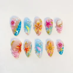 Starfish Bloom Elegance Press On Nails Long Almond Nails/Shark Flower Nails/Yellow Nails/Summer Nails/Shell Nails/Conch Nails/Birthday Nails