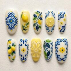 Handmade Mediterranean Press On Nails | 3D Olives, Citrus Slices & Talavera Tiles, Gingham Base | Almond Nails for Summer Aesthetic