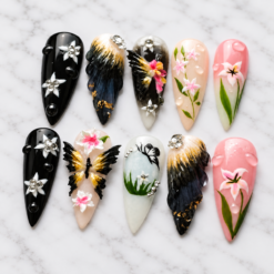Black Pink Floral 3D Butterfly Press-On Nails