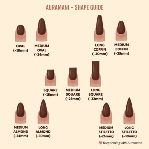 Auramani press-on nail shape guide: 11 shapes in oval, coffin, square, almond and stiletto, with lengths in mm