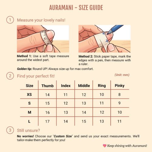 Auramani press-on nail size guide: two ways to measure your nails and a size chart for XS, S, M and L in mm
