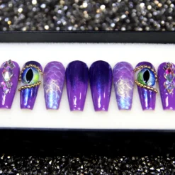 Dragon Eye Purple Press On Nails: Long Coffin Gel Nails