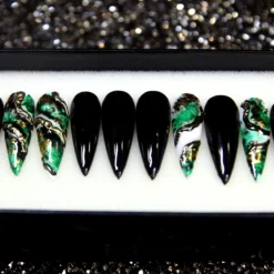 Maleficent Black Press On Nails with Green Marble and Crystals