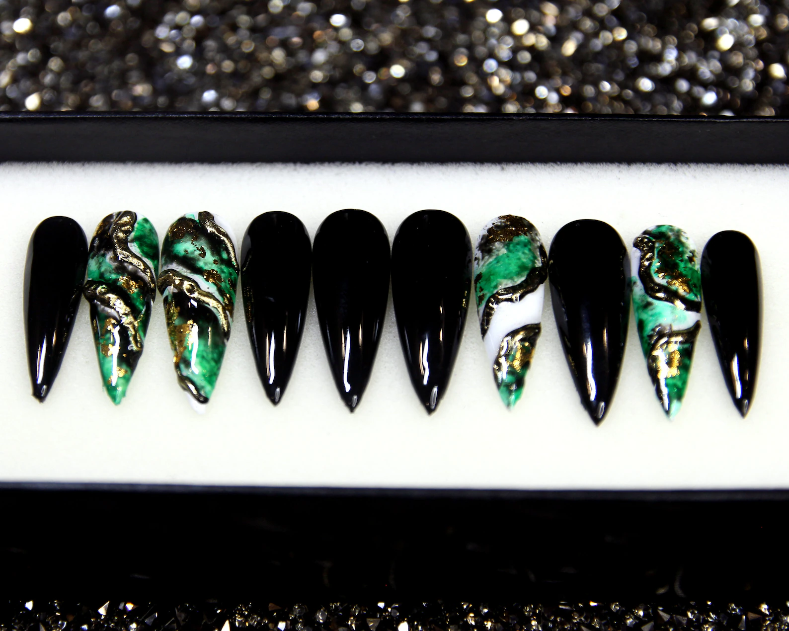 Maleficent Black Press On Nails with Green Marble and Crystals