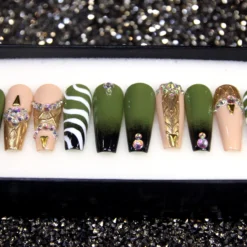 Green Camo Coffin Press On Nails: 3D Rhinestone Goth Nail Set