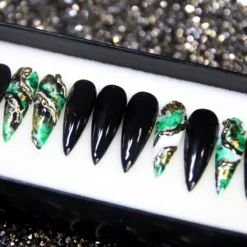 Alternative view of Maleficent Black Press On Nails with Green Marble and Crystals