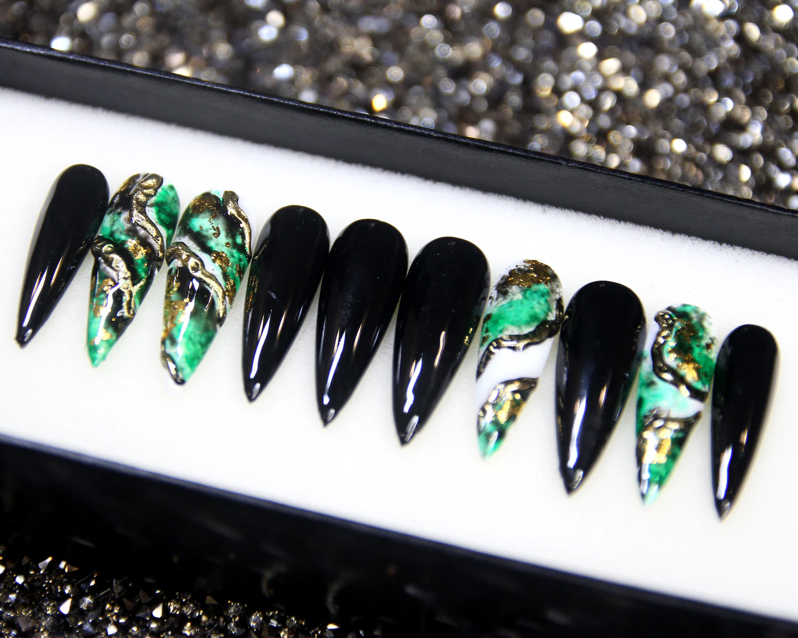 Maleficent Black Press On Nails with Green Marble and Crystals - Image 2
