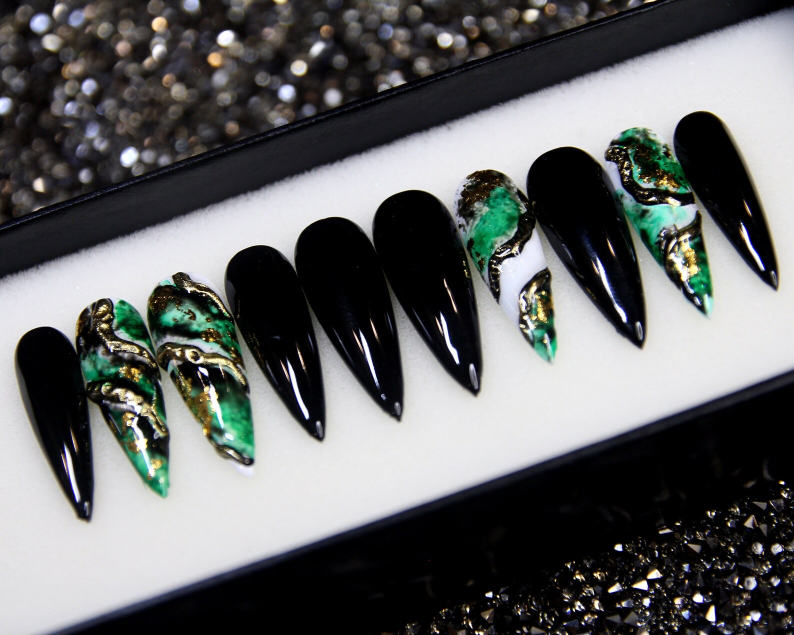 Maleficent Black Press On Nails with Green Marble and Crystals - Image 3
