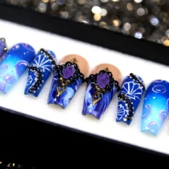 Alternative view of Deep Ocean Ombre Press On Nails: Y2K Crystal Long Fake Nails