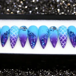 Blue Ombre Press On Nails: Aqua Kiss Stiletto Fake Nails