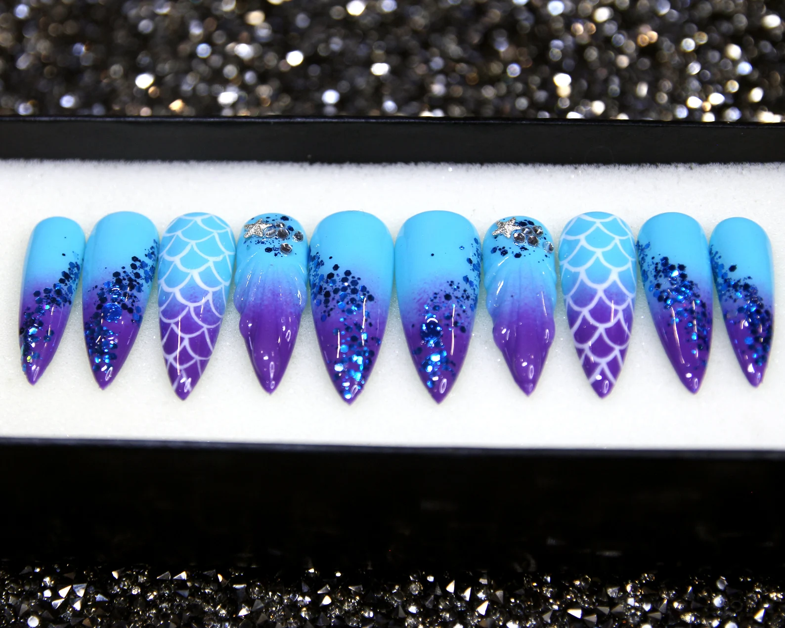 Blue Ombre Press On Nails: Aqua Kiss Stiletto Fake Nails