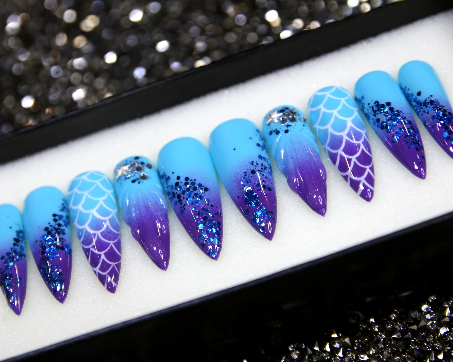 Blue Ombre Press On Nails: Aqua Kiss Stiletto Fake Nails - Image 2