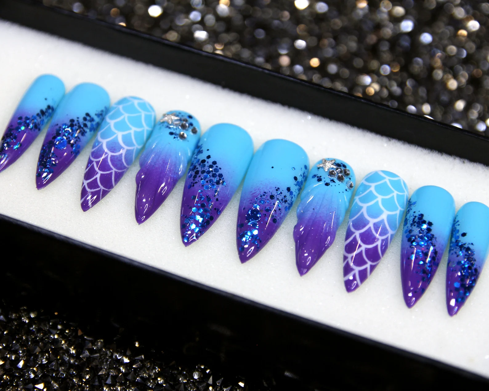 Blue Ombre Press On Nails: Aqua Kiss Stiletto Fake Nails - Image 3