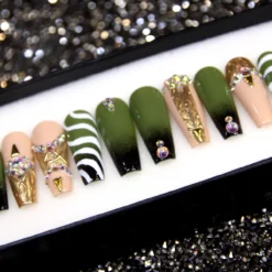 Alternative view of Green Camo Coffin Press On Nails: 3D Rhinestone Goth Nail Set