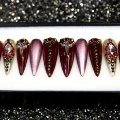 Crimson Diamond Press On Nails: 3D Goth Gel X False Nails