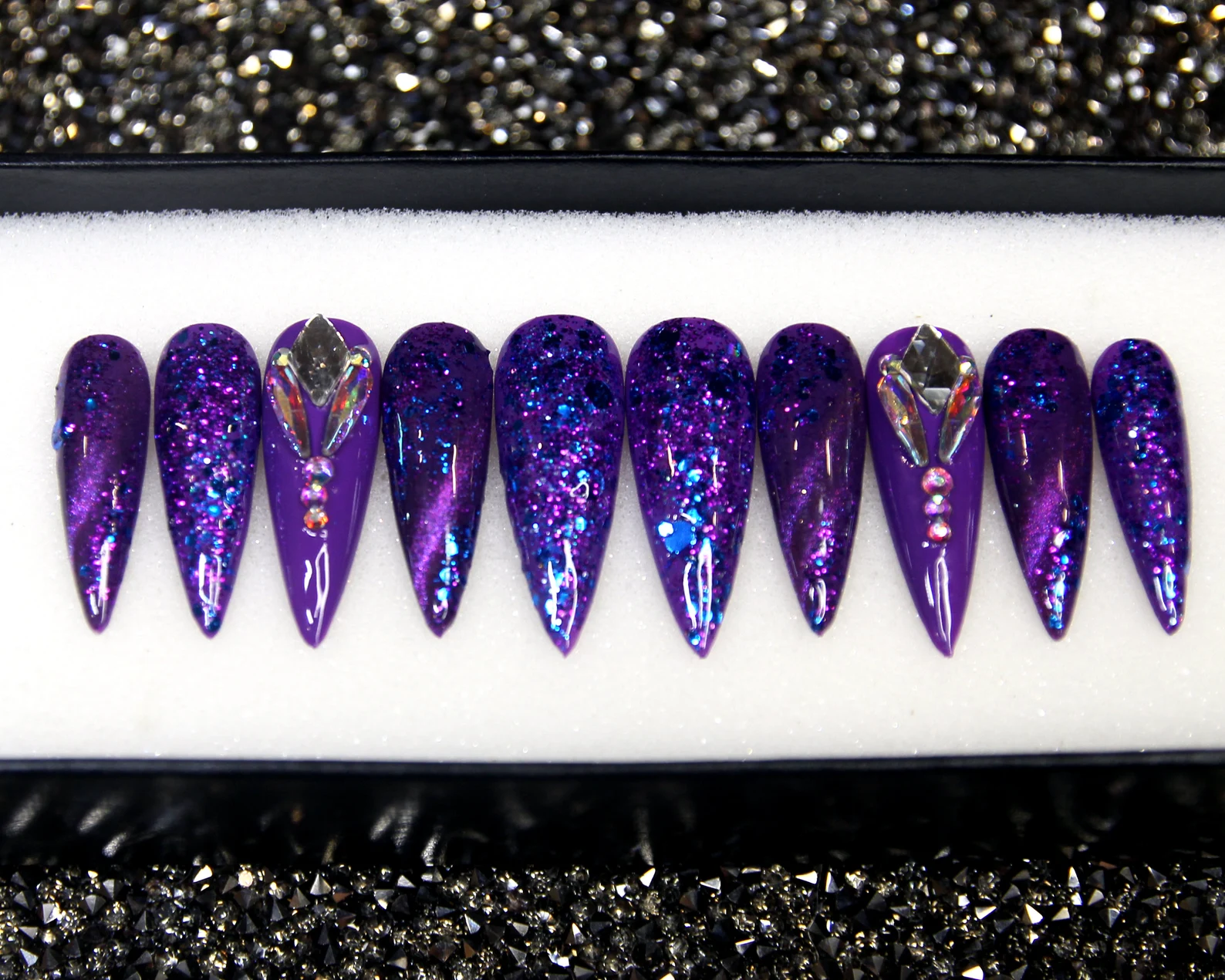 Purple Ombre Ocean Nails – 3D Starfish Press On, Mermaidcore Stiletto V78