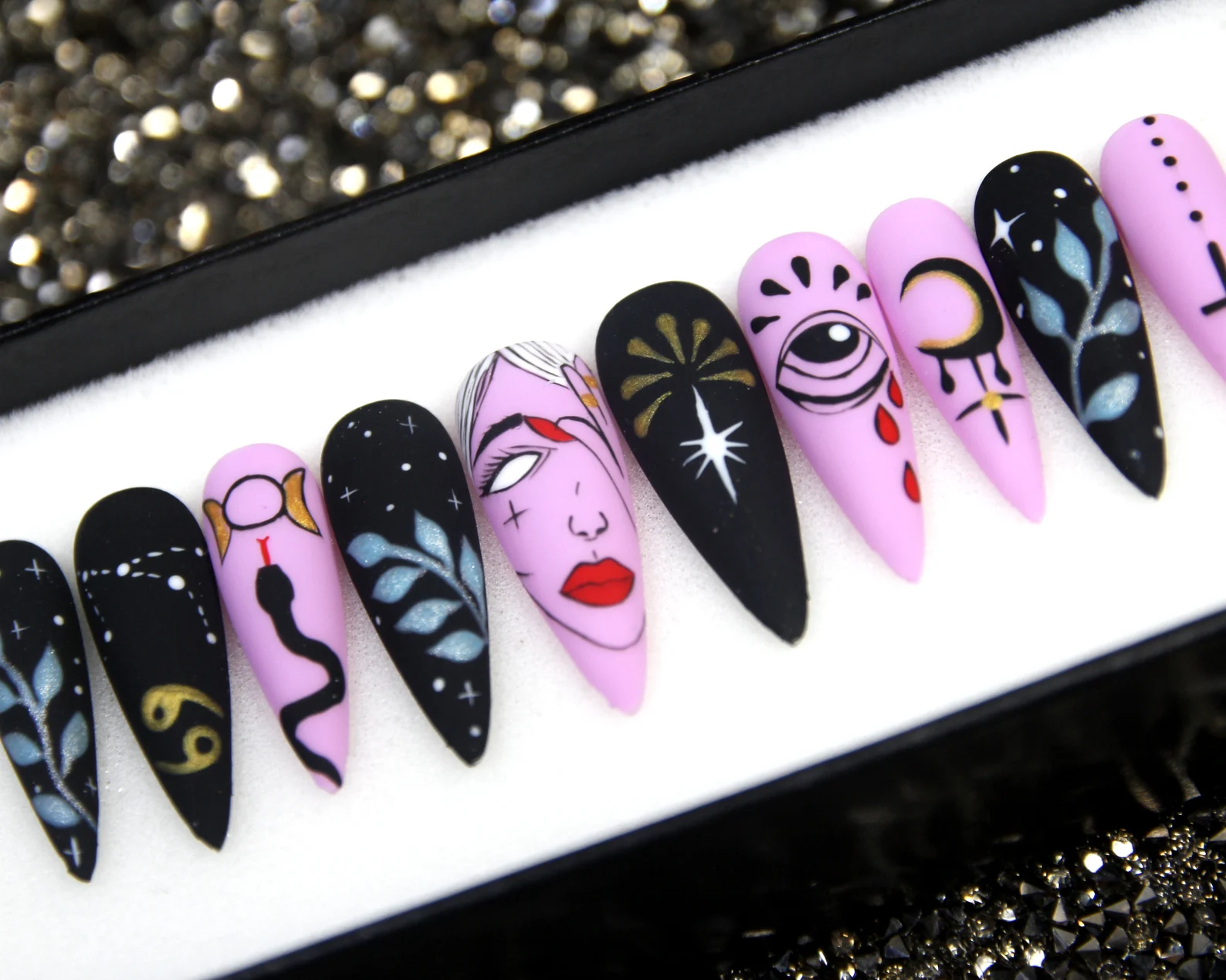 Mystique Night Press On Nails: Floral Glitter Stiletto Nail Set - Image 2